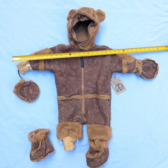 Kids 12 Month Brown Teddy Bear Bunting Zip Up Snowsuit Winter Cozy Faux Fur NWT - Picture 5 of 9
